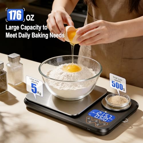 Image of Rechargeable Digital Dual Platform Kitchen Scales Weight, 11 lb Large & 1.1 lb Mini with Two Precisions Food Scale for Sourdough Bread, Baking and Cooking with 3 Units Tare, Accumulation Functions