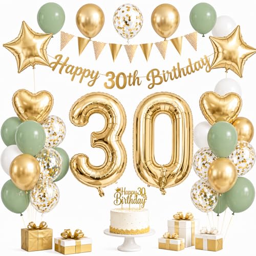 30th Birthday Decorations - Green and Gold Party Decorations for Women and Men with 30th Birthday Banner Cake Topper 40 Inch Gold Number Balloons and Green Gold White Confetti Birthday Balloons
