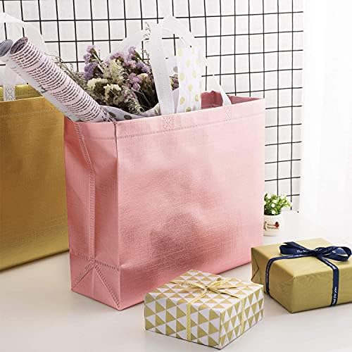 WAIZHIUA 12Pcs Glossy Gift Bags, Reusable Non-Woven Grocery Bag Shopping Tote Bags Goodies Bag with Handle for Birthday Wedding Party Favour Baby Shower(3 Colors)