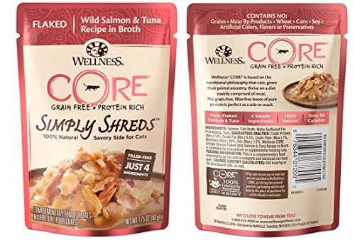 Wellness Core Simply Shreds Natural Grain Free Wet Cat Food Topper Variety Pack, 4 Flavors, 1.75 Ounce (12 Total Pouches) #TOP3