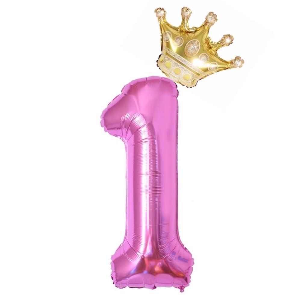 Photo 1 of Pink Number 1 Balloons With Crown, 40 Inch Number 1 Foil Helium Balloons, 1st Birthday Party Decorations. (Pink 1)