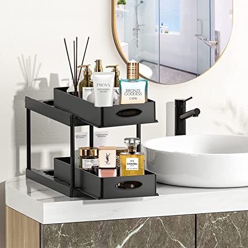 TUOKE Under Sink Organizers Shelf 2 Tier Bathroom Organizer Storage Cabinet Slide-Out With Hanging Baskets 4 Hooks For Bathroom Kitchen Office Countertop Black (Double-layer slide)