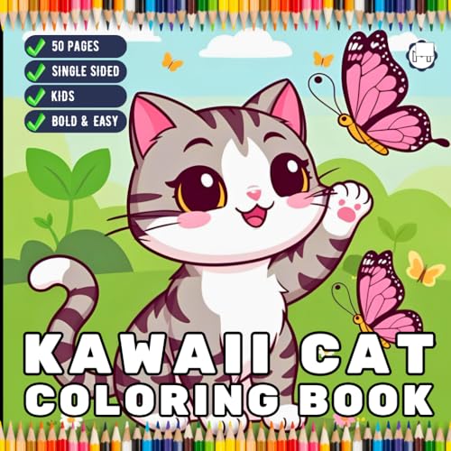 Cute Kawaii Cat Coloring Book for Kids Boys Girls Teens Youth 50 Pages Single Sided Kawaii Kitten Coloring Sheets for Children C