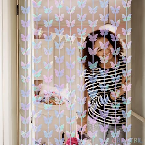 Image of Iridescent Butterfly Fringe Party Backdrop - GREATRIL Fairy Streamers for Butterfly Princess Themed Birthdays Party Decoration - 3.2ft x 6.5ft - 2 Packs