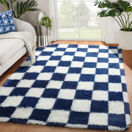 Image of KICMOR Navy Blue and Cream White Rugs for Living Room, 4x6 Fluffy Fuzzy Shag Checkered Rug Shaggy Carpet for Bedroom, Soft Plush Area Rug for Nursery Toddler Room Classroom Study Room Kids Room