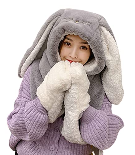 Image of Women Cute Rabbit Ear Plush Beanie Cap Outdoor Fluffy Bunny Hat Scarf Set Indoor Warm Thick Fleece Animal Hoodie