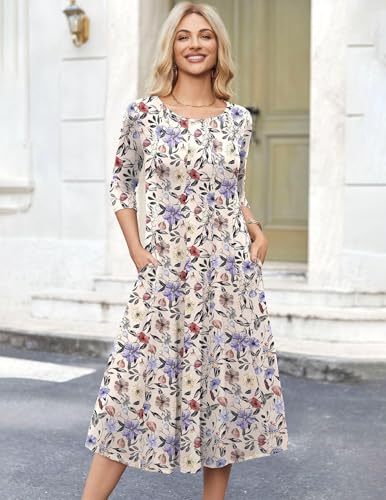 Image of HOTOUCH Women's 3 /4 Sleeve A-line and Flare Midi Long Dress