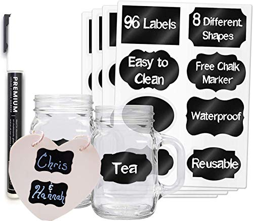 JAOK 96 Premium Chalkboard Labels Bulk, Free-Erasable Chalk Pen - Dishwasher Safe Chalk Board Mason Jar Labels - Removable Waterproof Blackboard Sticker Label for Jars Glass Bottle