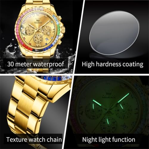 Image of OLEVS Watch for Men Luxury Gold Diamond Chronograph Business Wristwatch with Analog Quartz, Date Calendar, Stainless Steel Band, Luminous Hands, Waterproof
