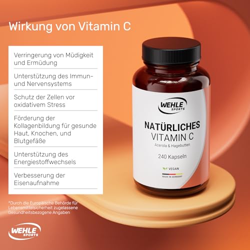 Vitamin C hochdosiert – 240 vegane Kapseln, 4-Monats-Vorrat, mit Acerola- und Hagebutten-Extrakt, 400mg Vitamin C pro Tagesdosis (2 Kapseln), laborgeprüft – Wehle Sports®