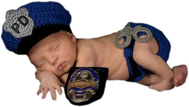 Newborn Baby Boys Photography Prop Crochet Knitted Police Hat Diaper Cover Blue