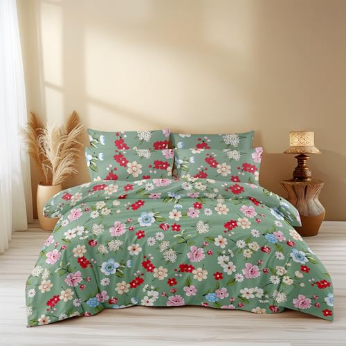 Image of LOOMLYFE 300 TC All Season King Size AC Comforter || Blanket || Duvet with 1 King Size Elastic Fitted Bedsheet and 2 Large Pillow Cover - 4 Piece Comforter Set - GreenSmallFlower