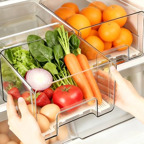 Zinueen Organizador de cajón para frigorífico [1 pieza], extensible y apilable para almacenamiento de alimentos, almacenamiento de embutidos - Recipientes transparentes para cocina, frigorífico y