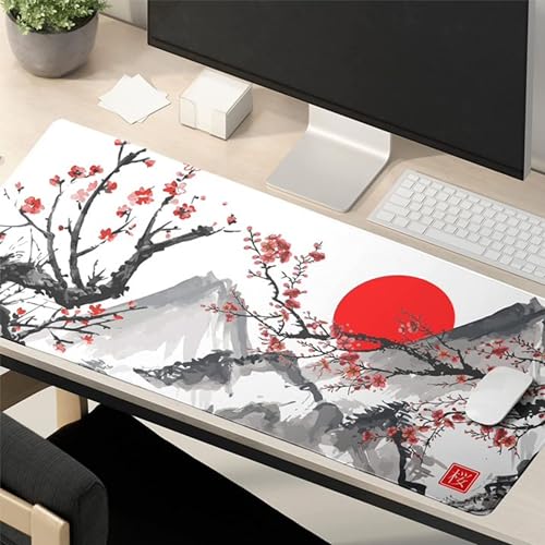 Image of Large Gaming Mouse Pad (11x23 Inch) - White Japanese Cherry Blossom Design | Extended Mousepad with Premium Stitched Edges, Non-Slip Rubber Base & Smooth Surface for Office & Gaming Setup