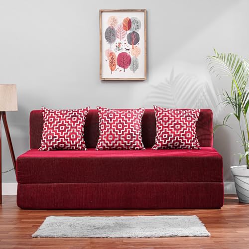 Image of Convertible Fabric Sofa Cum Bed | Foldable Double Foam & Washable Cover with Cushions | Modern Design Use Living Room & Guest Room (Maroon-Multi-Square, 5X6 Ft)