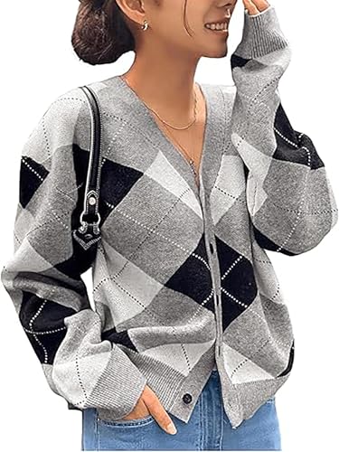 Image of SHENHE Argyle Sweater Women Button Down Cardigan V Neck Knitted Cardigans Winter Sweater Outerwear