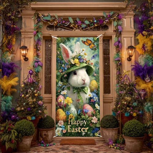 Image of Happy Easter Door Cover Bunny in Flower Hat Banner Spring Front Door Decorations Oil Painting Style Outside Party Home Decor 35.4x71 Inch