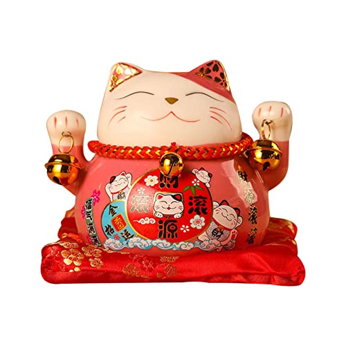 Tomotato Chat Porte Bonheur Tirelire, 11.5cm Maneki Neko Tirelire Japonais en Céramique avec Cloche Porte Bonheur, Feng Shui Lucky Cat Figurine Décor pour...