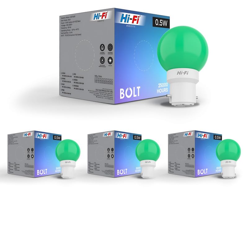Image of Hi-Fi 0.5W LED Bulb (Green) B22 Base | Energy Efficient Zero Watt Light | Decorative Night Lamp for Home, pooja room light & Bedroom Zero Blub (Pack of 4)