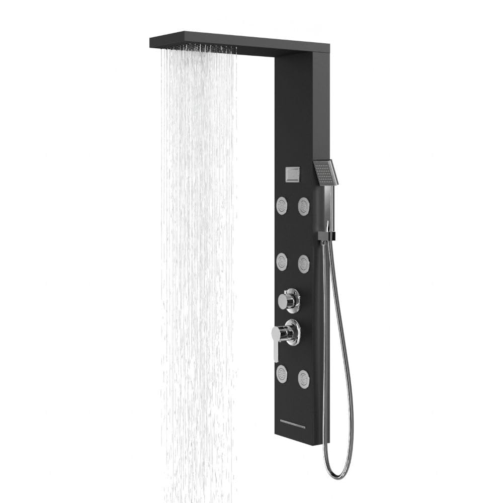 Colonna Pannello Doccia Nero Satinato 4 Funzioni York-1 Black Display Controllo Temperatura Cascata Getto 6 Idrogetti Lombari Doccetta con Flessibile