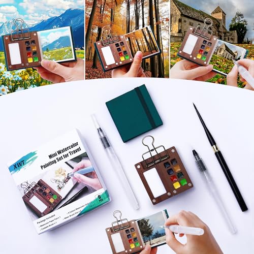 XWT Mini Watercolor Paint Set Portable Travel Art Kit with Wooden Palette 8 Color Pigments Watercolor Pad Water Brush Pens and Accessories for Artists