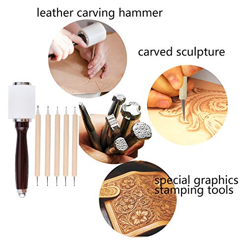 UOOU Leather Stamp Tools, Leather Carving Set, Leather Kit with Leather Carving Hammer, Stamp Punch Set and Tracing Pen, Leather Carving Working Saddle Making Tools for Leather Craft DIY