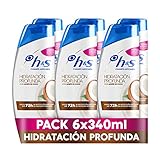 H&S Hidratación profunda Champú Anticaspa clínicamente probado, pelo libre de caspa, graso, con Aceite de Coco, sin parabenos, 40% envase plástico reciclado, cuidado suave del pelo, 6 x 340 ml