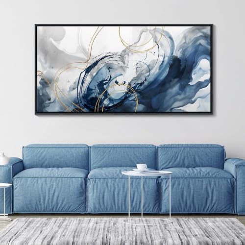 Image of Mofutinpo Large Framed Canvas Art Wall Art Blue Abstract Wall Decor Modern Home Decor Office Wall Decor Home Decorations for Living Room Minimalist Bedroom Artwork 29x58in