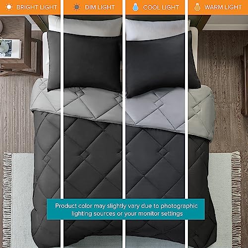 Image of Comfort Spaces Vixie 3 Piece Comforter Set All Season Reversible Goose Down Alternative Stitched Geometrical Pattern Bedding, Full /Queen, Black /Grey