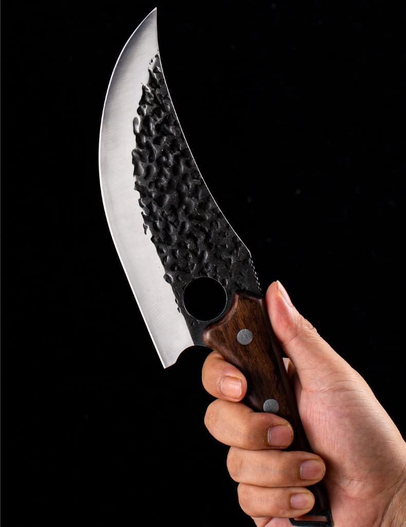 Meat Cleaver, Handmade Forging Pattern Meat Cleaver Fish Boning Knife Portable Slaughtering Skinning Chopper Outdoor Butcher Curved Knives (Color : 2)