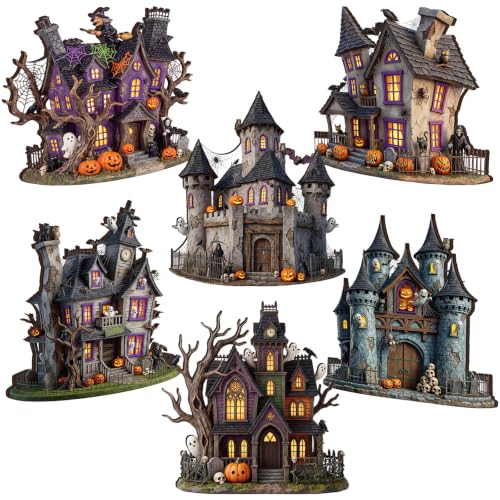 Image of Yuntau 6 Pcs Halloween Wooden Table Decorations Haunted House Table Centerpiece Decor Spooky Ghost Pumpkin Castle Tabletop Signs with Stands, Rustic Tiered Tray Mantel Decor for Halloween Party