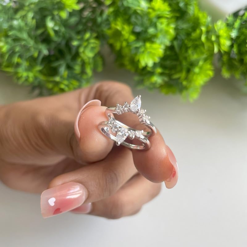 White Diamond Crown Shaped Enhancer Guard For Women, 14k Gold Finish April Birthstone White Diamond Wrap Ring, Engagement Ring