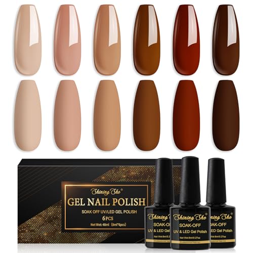 Shining She Smalti Semipermanenti per Unghie, 6 Colori Nude Beige Caramello Marrone Scuro Smalto Semipermanente Unghie Soak Off UV LED Gel Unghie Autunno e Inverno Nail Salon,8ML