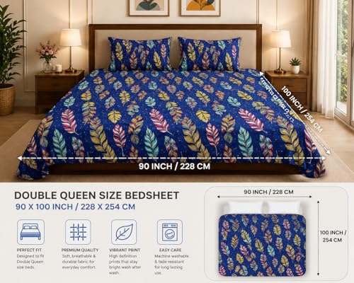 Image of Premium Double Queen Size Bedsheet with 2 Pillow Covers - Vibrant Feather Print, Soft & Breathable Cotton Blend, 90 x 100 Inch (228 x 254 cm)