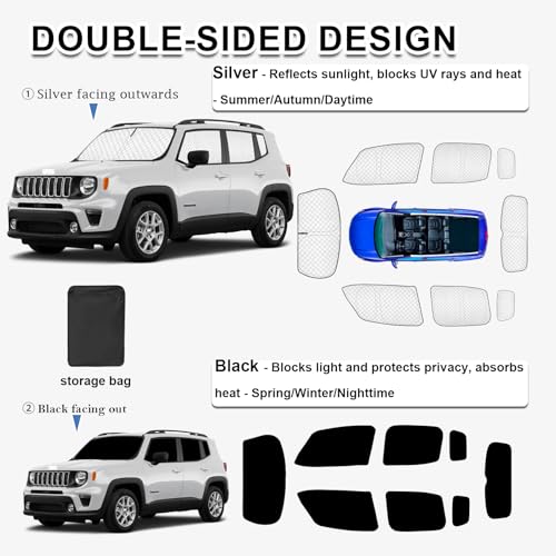 Image of KMF 8pcs Thicken Sun Shades for Jeep Renegade 2015-2024 Accessories, Windshield Sunshade Full Car Window Covers for Side Rear, UV Block and Privacy Blackout for Camping Outdoor