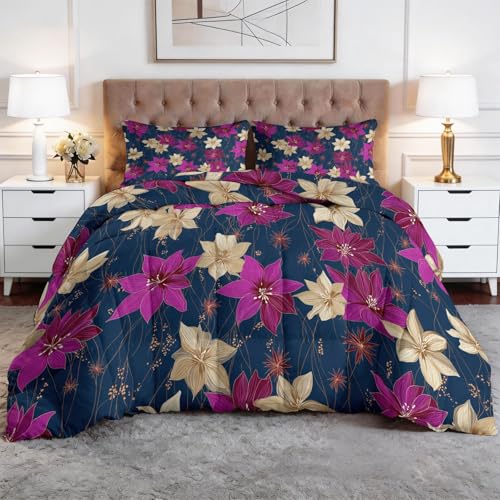 Genérico Edredón Nórdico 4 Estaciones Retro Floral Flor Morada Todo en Uno Microfibra Premium y Acolchado en Diamante – Transpirable, Lavable y Suave 150 x 220 cm Set de Ropa de Cama, Púrpura