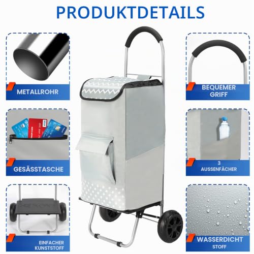 WONSEFOO Einkaufstrolley, Klappbarer bis 50kg Einkaufswagen Wasserdichter 75L Einkaufstasche...