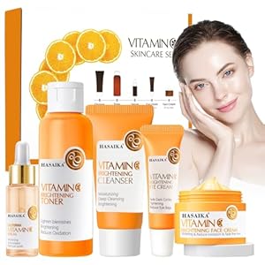 HASAIKA® Vitamine C huidverzorgingsset, huidverzorging, cadeauset, met toner, gezichtsserum, gezichtscrème en oogcrème, voor anti-aging, lichtere huidverzorging, cadeauset