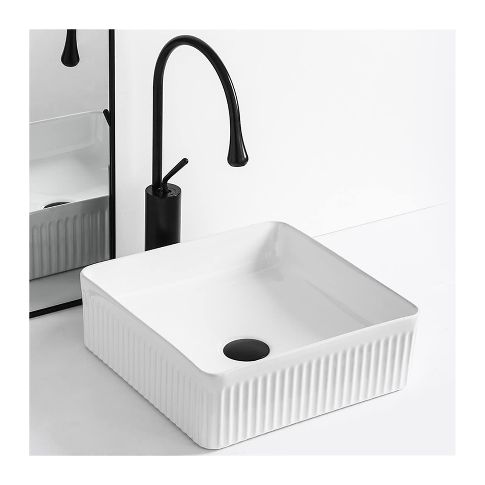 Runze765z Black Faucet Set Sink Bowl Bathroom Vessel Sink 14"X14" Square, Above Counter Ceramic With Faucet, White Vanity Basin Art Basin(Black Faucet Set)