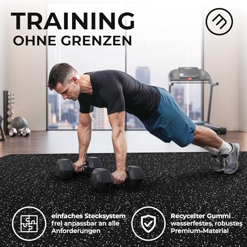 bemaxx Bodenschutzmatte Fitness – 18 Eva/Gummi-Matten im Set: Gym Fitnessgeräte Sportmatte Puzzlematte Laufbandmatte Fitnessmatte Unterlegmatte Sportgeräte Trainingsmatte Bodenmatte Gymnastikmatte