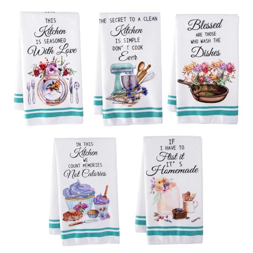 5 Pcs Pioneer Woman Wild Flower Kitchen Towels Set Cute Dish Tea Towels for Kitchen Absorbent Flower Quick Dry Cloth Face Towels for Bathroom Spa Gym Decorative Christmas Birthday Gifts for Women