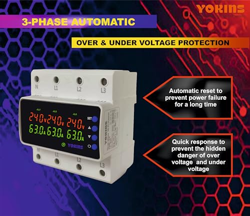 Image of YOKINS 3-Phase Automatic Over /Under Voltage Protector 63A 220VAC | Dual Working Mode | Overcurrent, Phase-Loss & Phase-Imbalance Protection (YD-6VA Meter)