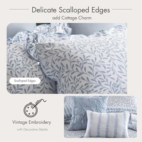 Image of Madison Park Reversible Botanical Comforter Set, 5PC King Bedding Set | Summer Floral Print Bed Set with Scalloped Edges, Lightweight Bedding with Decorative Pillows, Blue