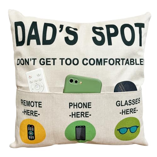 ZUYUROU Dad Gifts Funny 3 Pocket Throw Pillow Cover for Couch Recliner Sofa Dads Spot Remote Phone Glasses Holder Organizer Cushion Case Fathers Day Birthday for Dad 18 x 18 Inch