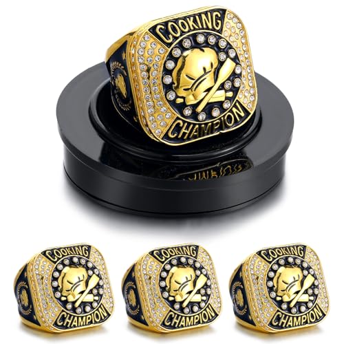 Highergo 3 Pcs Chef Hat Cooking Championship Trophy Ring 1st 2nd 3rd Place Medal Cooking Competition Trophy Prizes with Display Neck Chain and Stand for Chefs Culinary Chili Cook off Party(Gold)