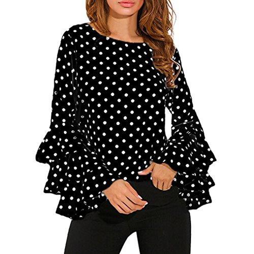 Camisa de Mujer Blusa de Mujer Sexy Moda Manga de Campana Suelto Casual Manga Larga Lunares Elegante Camisa de Gasa Tops Camiseta de Mujer LMMVP (XXL, Negro)