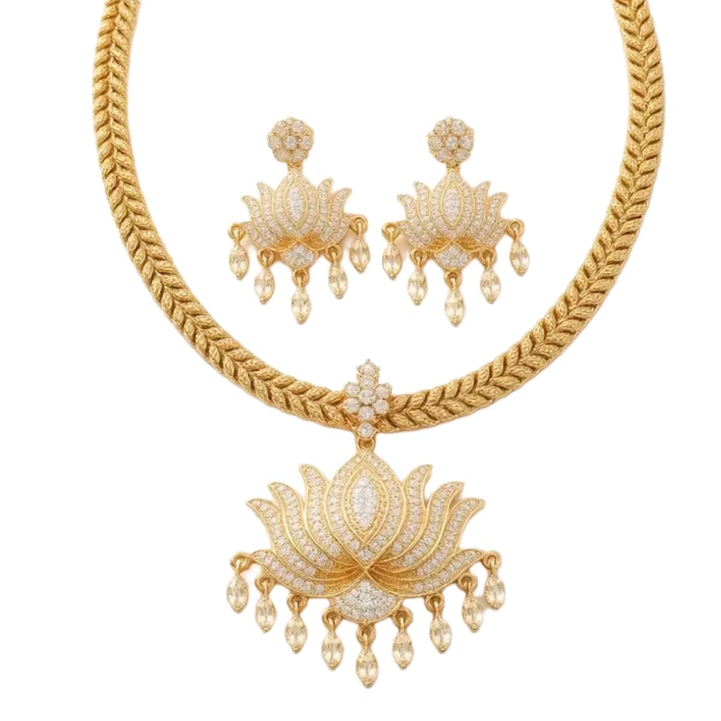 Elegant Gold Plated Choker Necklace Set for Women | American Diamond Lotus Design Jewellery Set with Earrings | Bridal Wedding Traditional Choker Set | Party Ethnic Jewellery-image-18