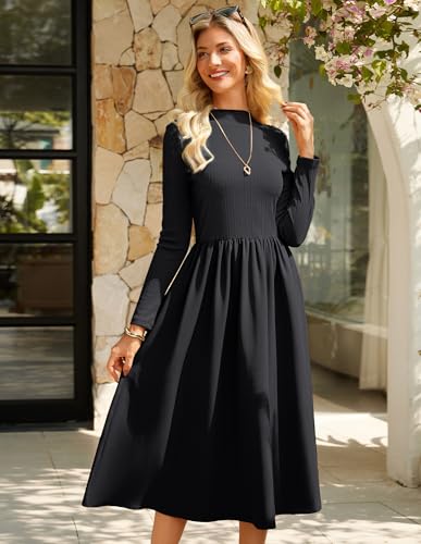 GRACE KARIN Women's Long Sleeve Fall Dress 2025 Mock Neck Midi Patchwork Dress Casual Wedding Guest Flowy Dresses Pockets3