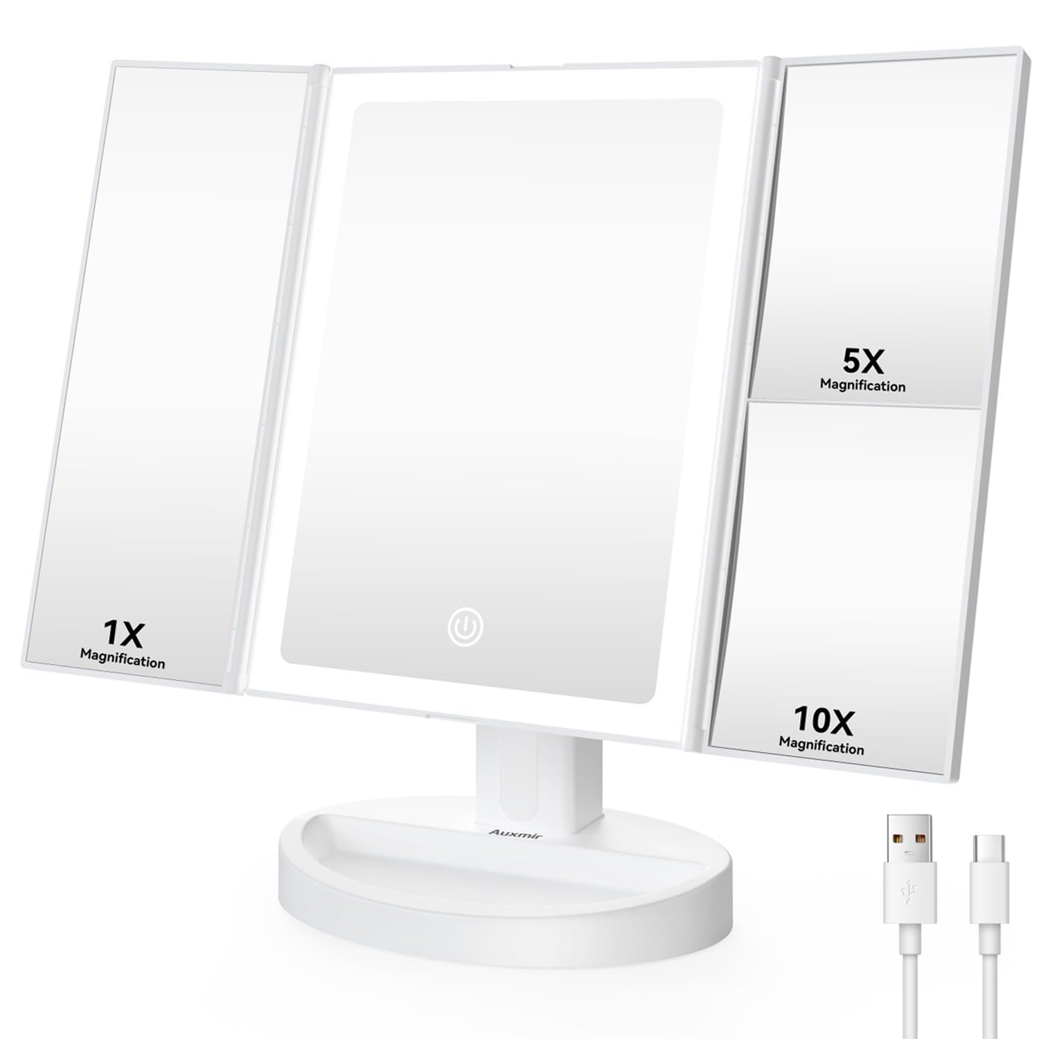 Auxmir Espejo Maquillaje con Luz, Recargable 1X/5X/10X Espejo Aumento Tríptico, 68 Luces LED con Pantalla Táctil Brillo Ajustable, Giratorio 180°, Blanco