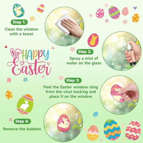 Image of 9 Sheets Easter Window Clings for Glass Windows Easter Decorations for Home | Easter Eggs Window Stickers, Happy Easter Decor for Parties, Bunny Rabbit Spring Summer Decals for Home, Office, Classroom